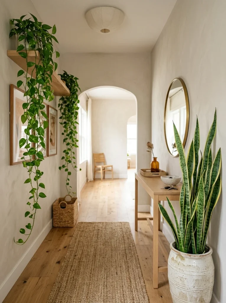 Hallway decorated with low-light plants and natural greenery.