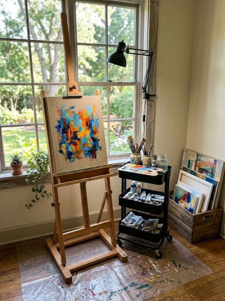 Hobby room art studio with easel, rolling paint cart, canvas storage, and natural window light.
