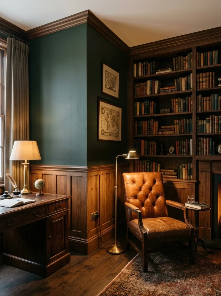 Walnut-stained wood paneling with hunter green walls in a classic home library.