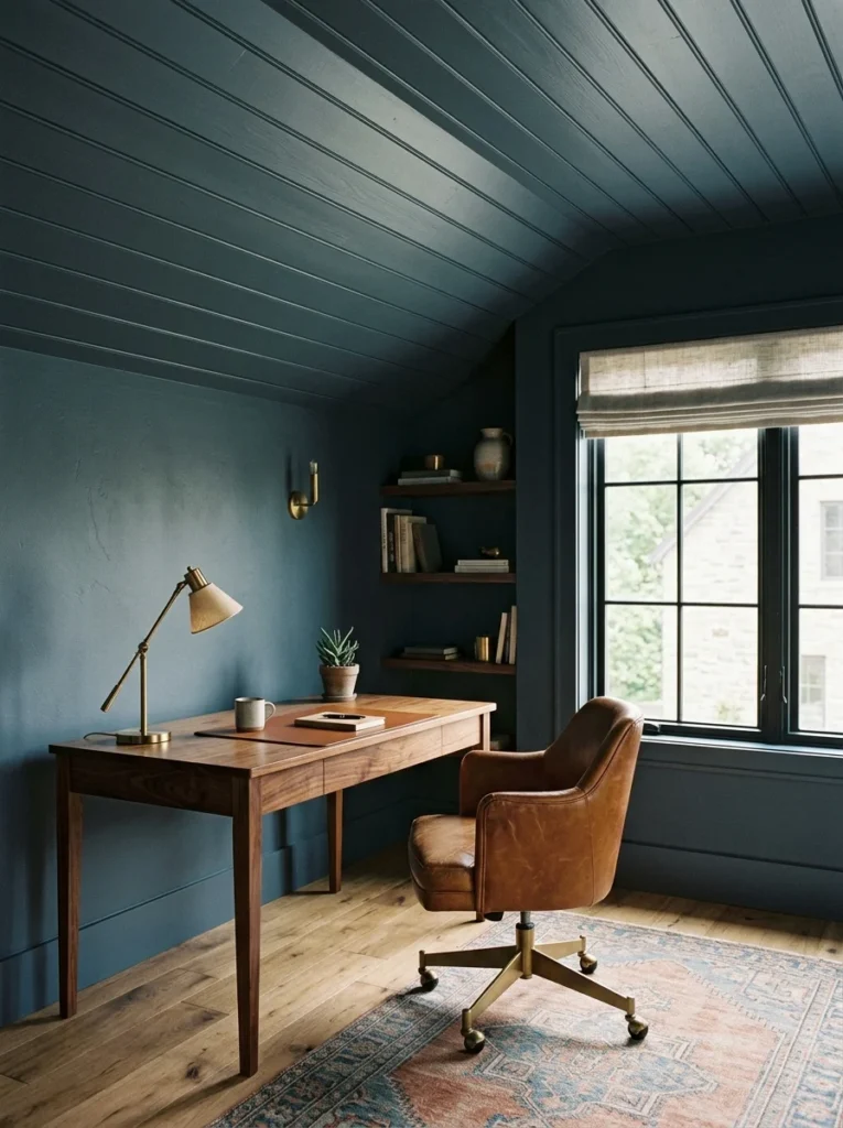 Shiplap ceiling painted the same blue-gray color as the walls in a cozy home office.