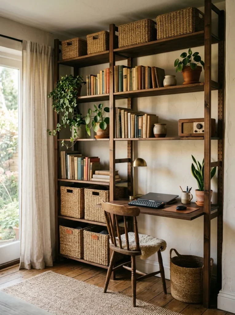 Walnut-stained IKEA IVAR shelving with rustic styling.