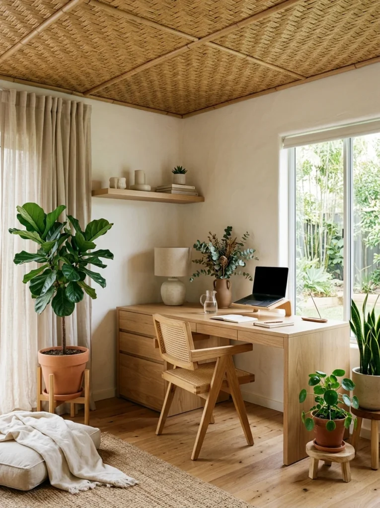 Bamboo ceiling panels adding natural texture.