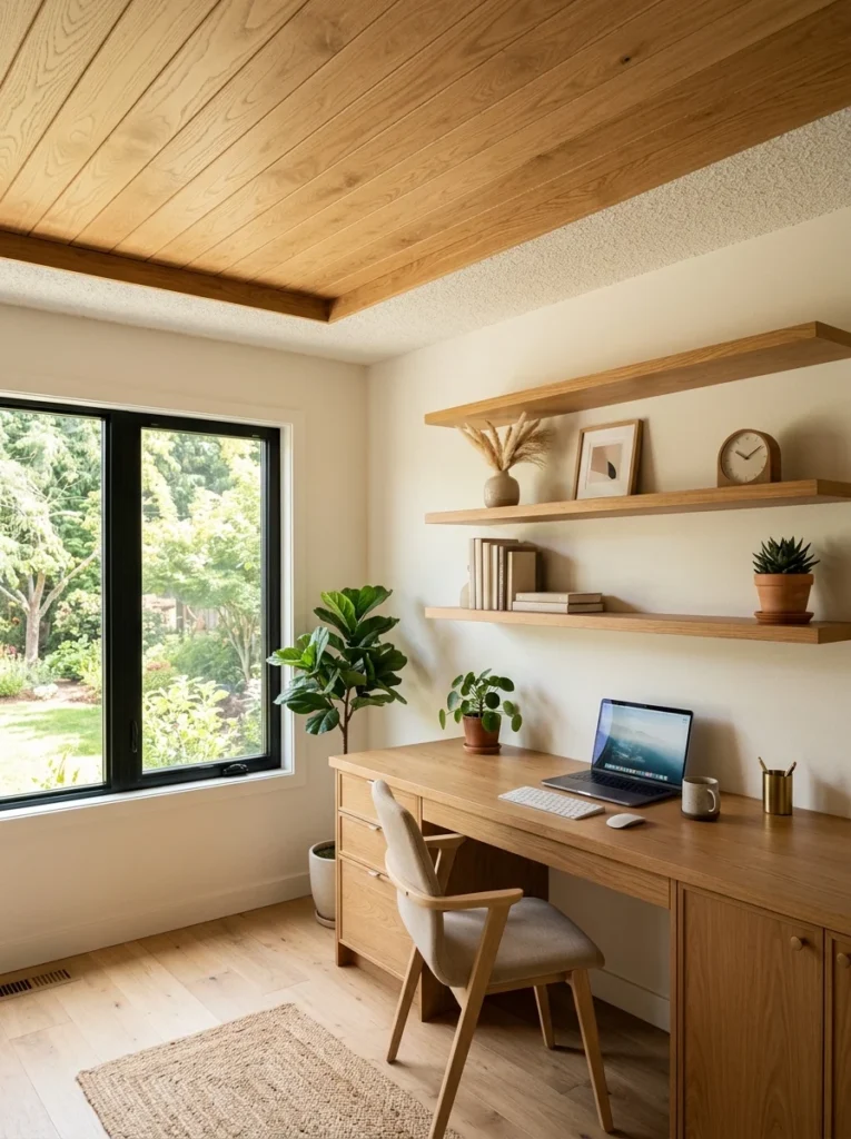 Wood plank ceiling covering an old popcorn ceiling