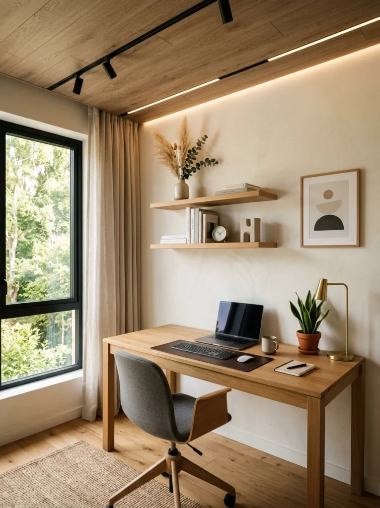 Wood-look MDF ceiling panels in a home office.