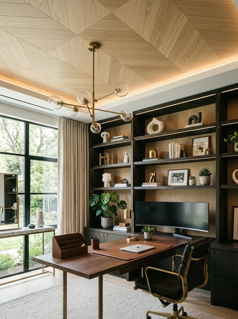 Chevron-pattern wood ceiling in a stylish home office.