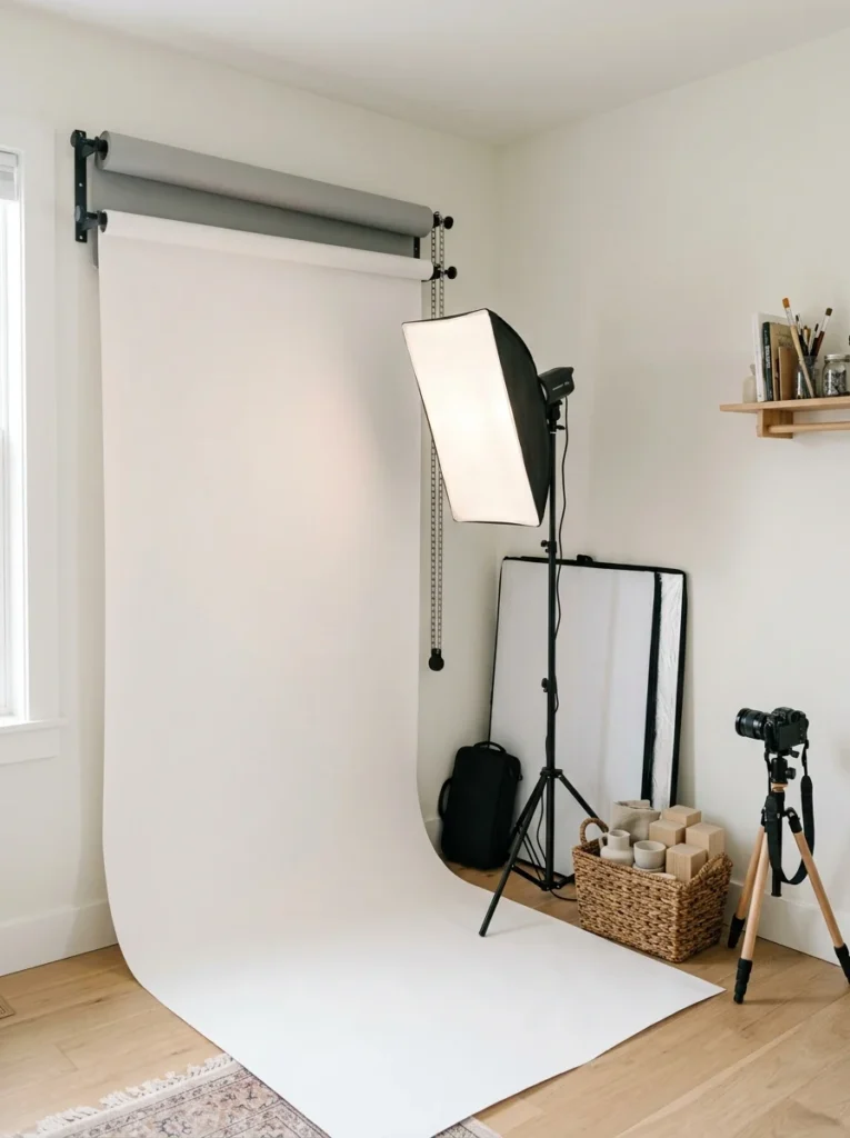Hobby room photography corner with wall-mounted backdrop, studio light, reflectors, and prop storage.