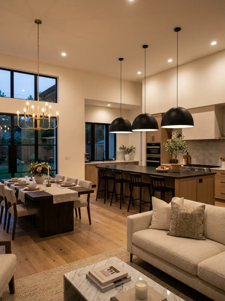 Statement ceiling lights defining different zones in an open-plan kitchen.