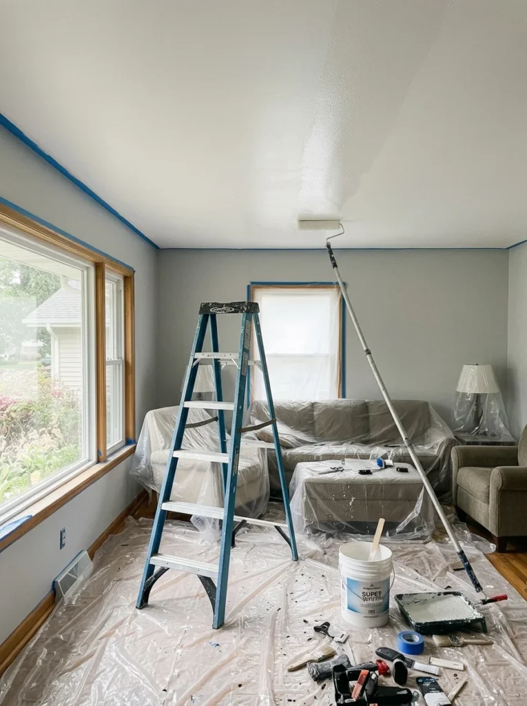Combining professional scraping with DIY ceiling finishing.