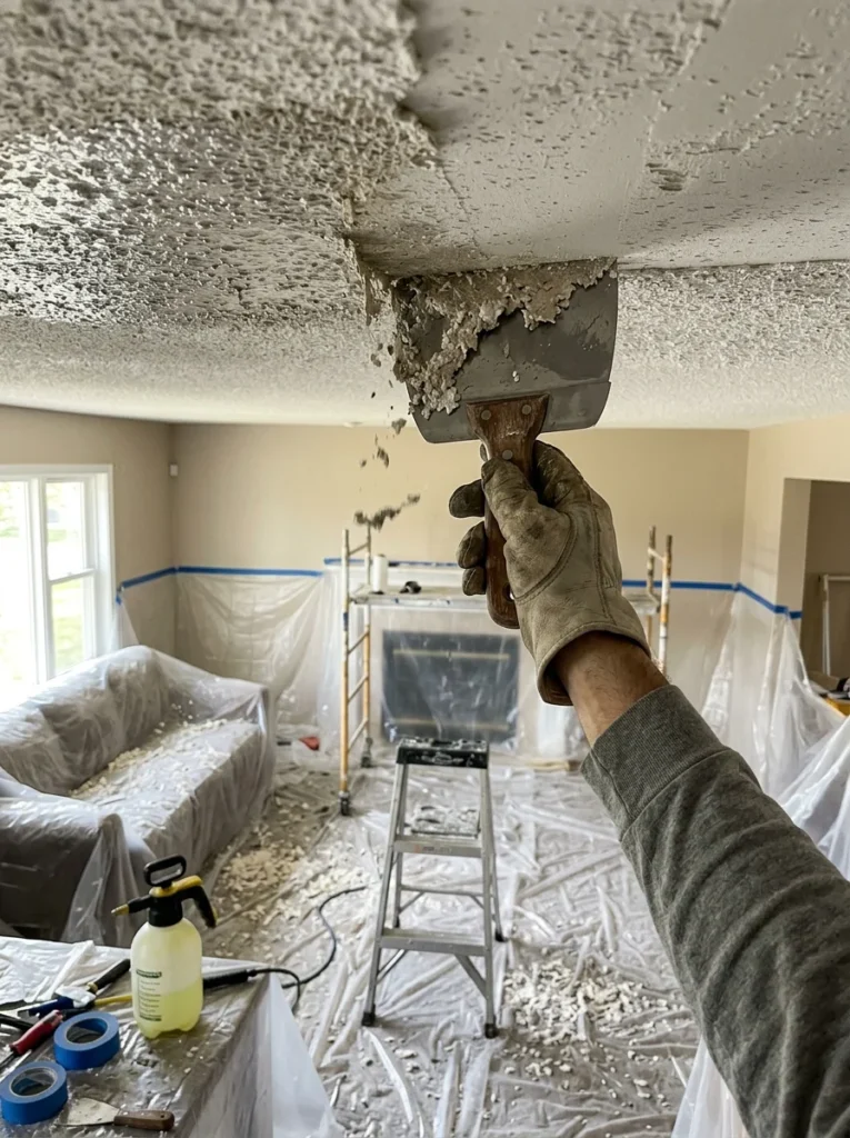 Wet scraping a popcorn ceiling during a DIY renovation.
