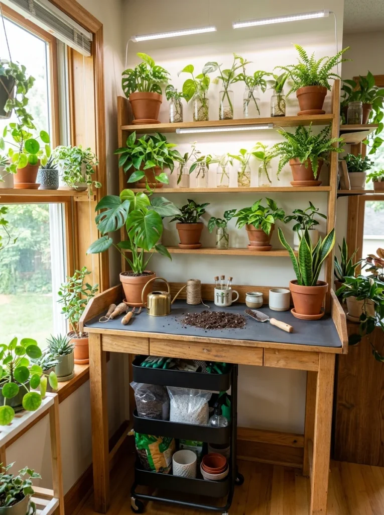 Indoor hobby room gardening corner with potting bench, houseplants, grow lights, and plant supplies.