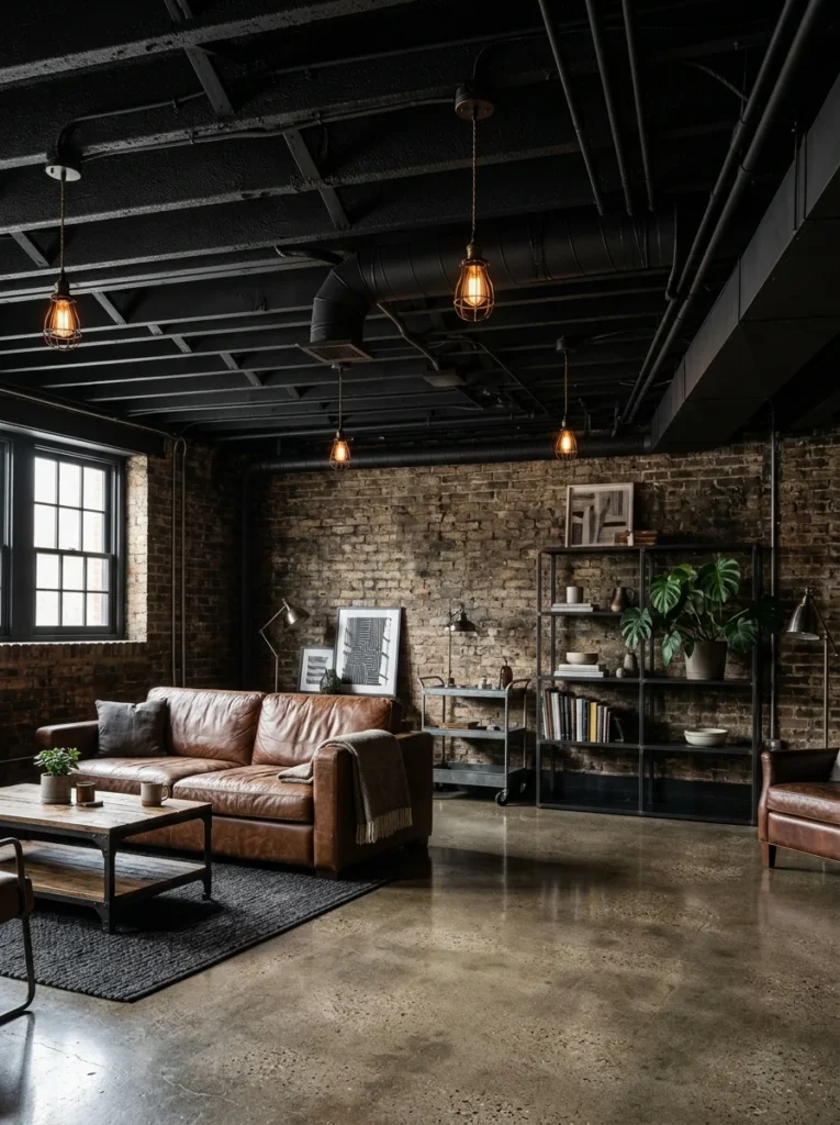 Matte black painted exposed basement ceiling with an industrial look.
