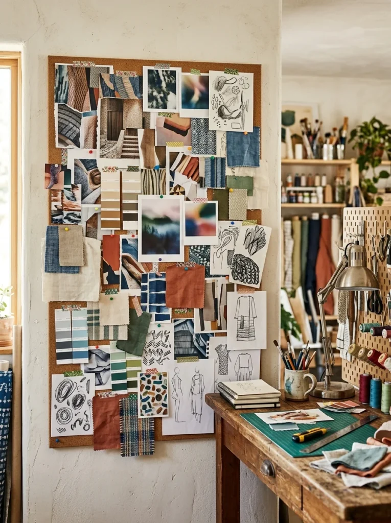 Hobby room inspiration wall with fabric swatches, photos, sketches, and creative project ideas.