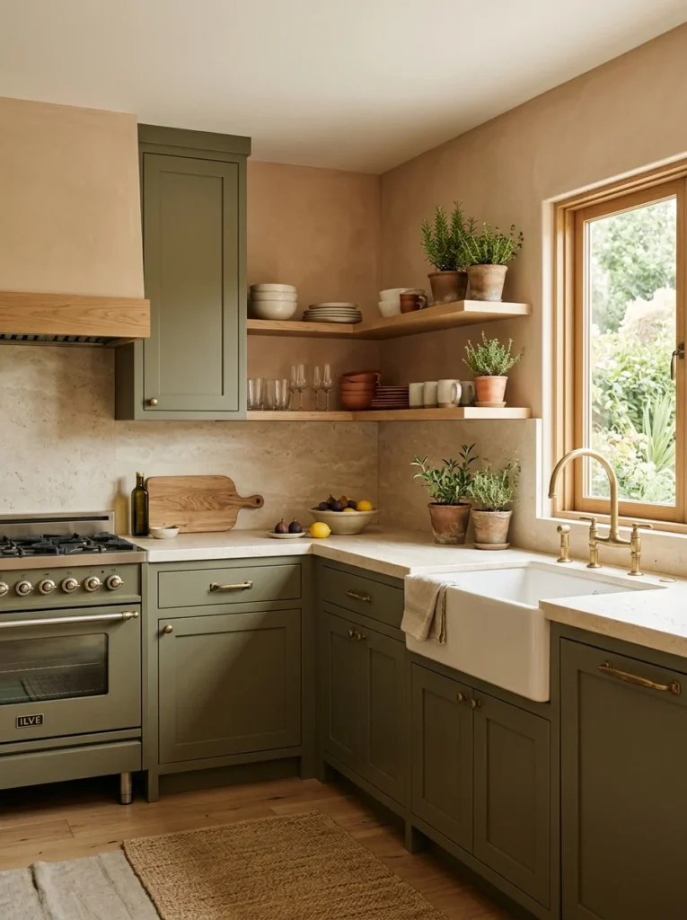 Modern kitchen featuring warm clay walls, olive cabinetry, and earthy natural tones.