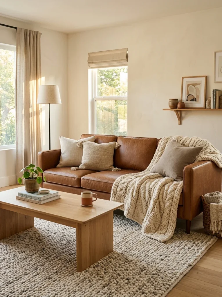Brown leather sofa styled with an oversized chunky cream knit throw.