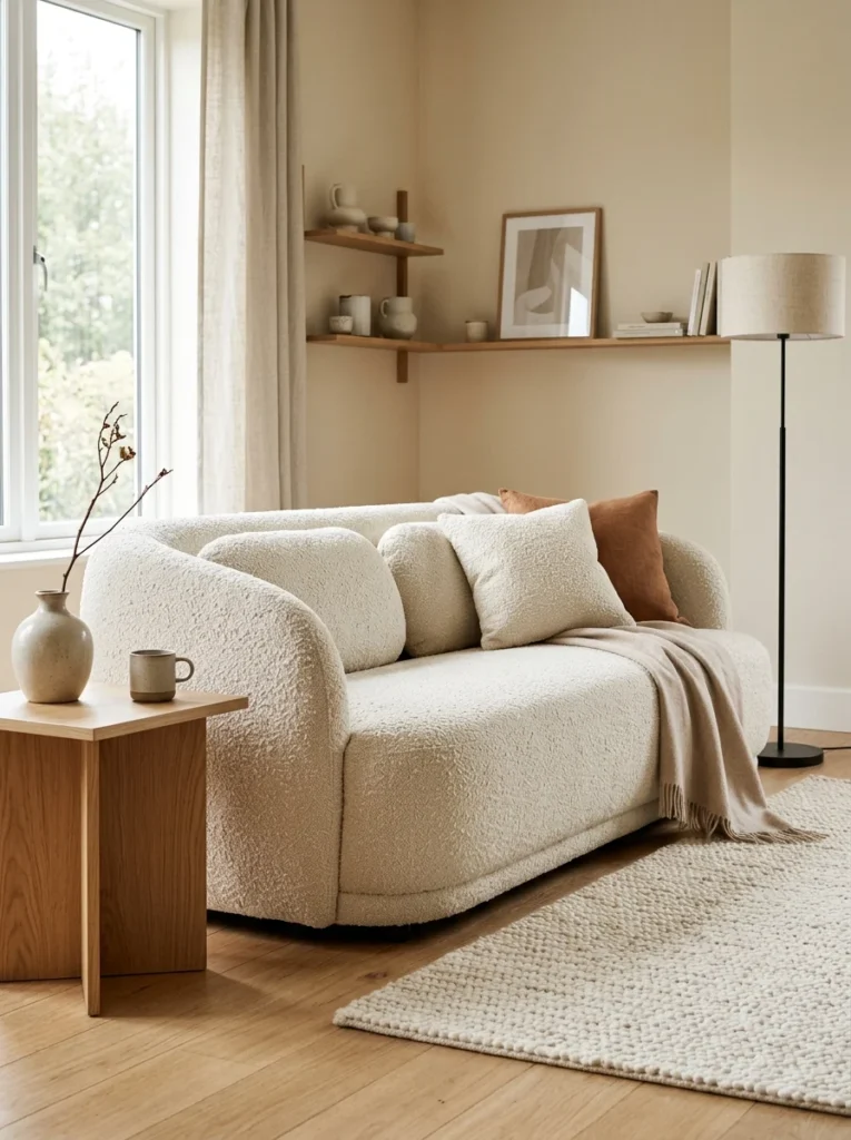 Ivory boucle sofa with textured upholstery in a warm neutral living room.