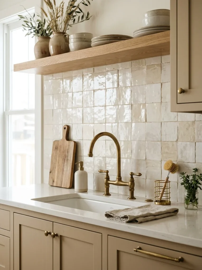 Faux zellige peel and stick backsplash with glossy handmade-style texture. 
