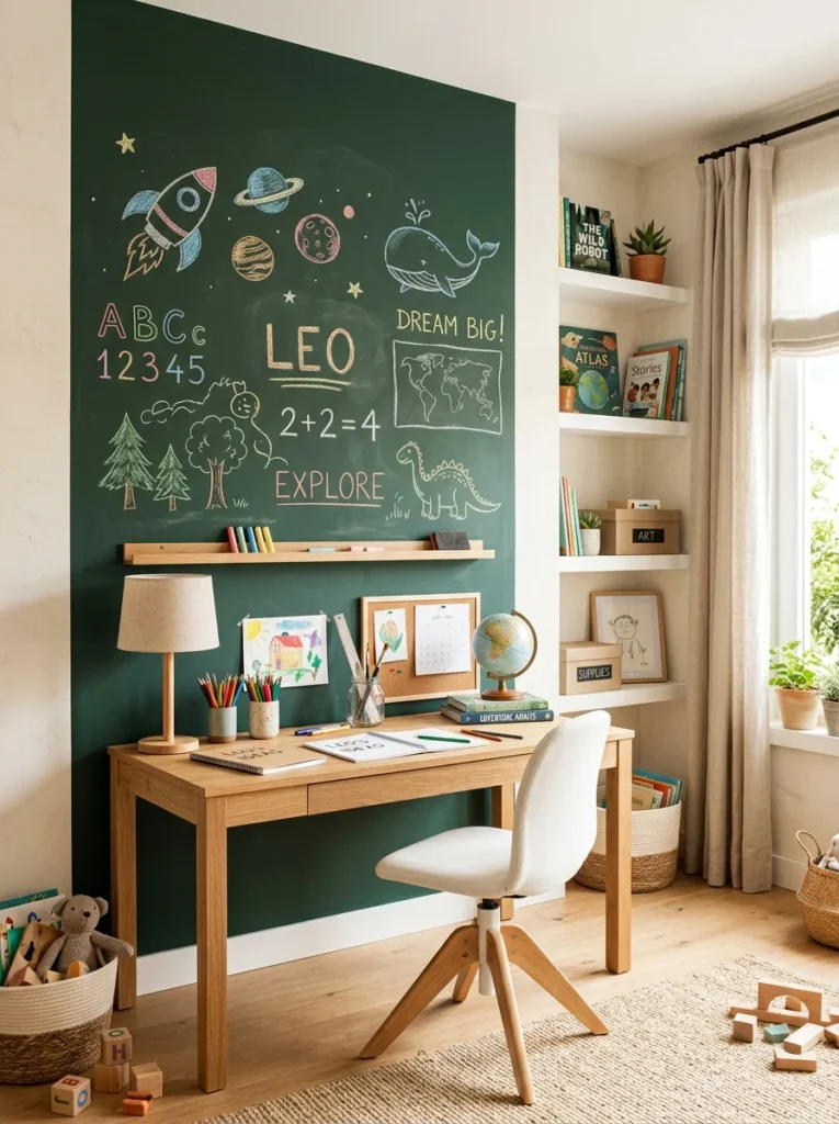 Dark green chalkboard accent wall in a creative kids room.