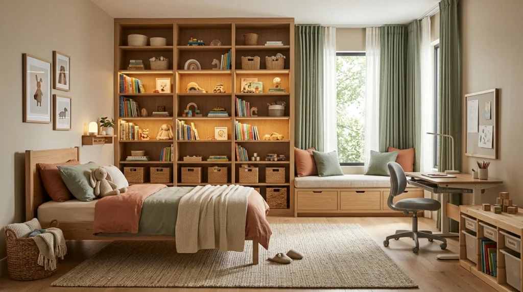 Modern kids room with flexible furniture, smart storage, and timeless decor designed to grow with a child.