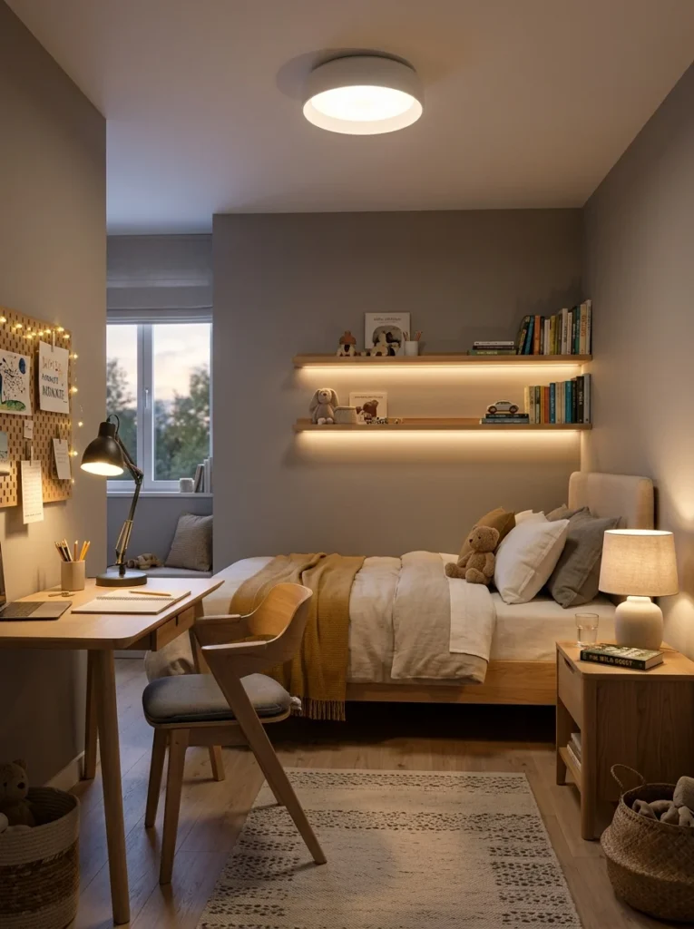 Layered lighting creating a cozy and functional kids bedroom.