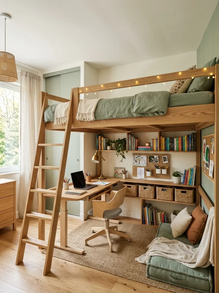 Loft bed with a functional study and activity space underneath.