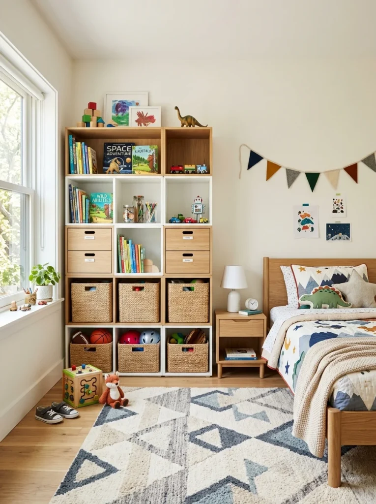 Modular storage system designed to expand with a child's needs.