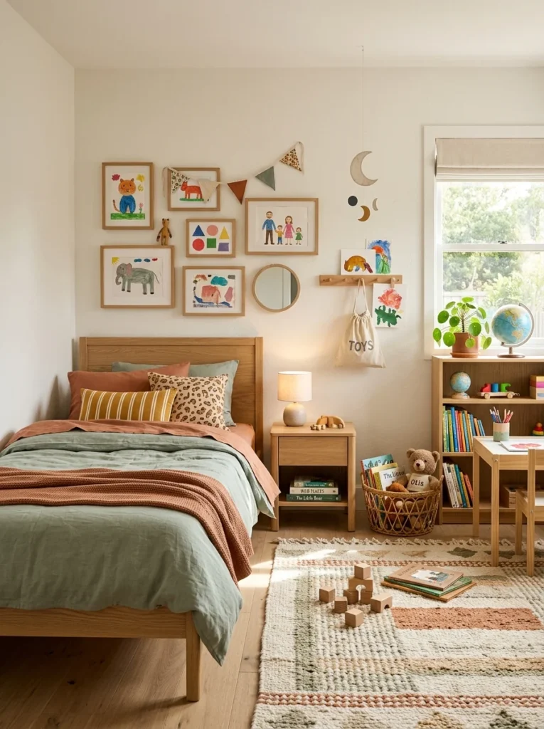 Kids bedroom with neutral walls and colorful changeable accessories.