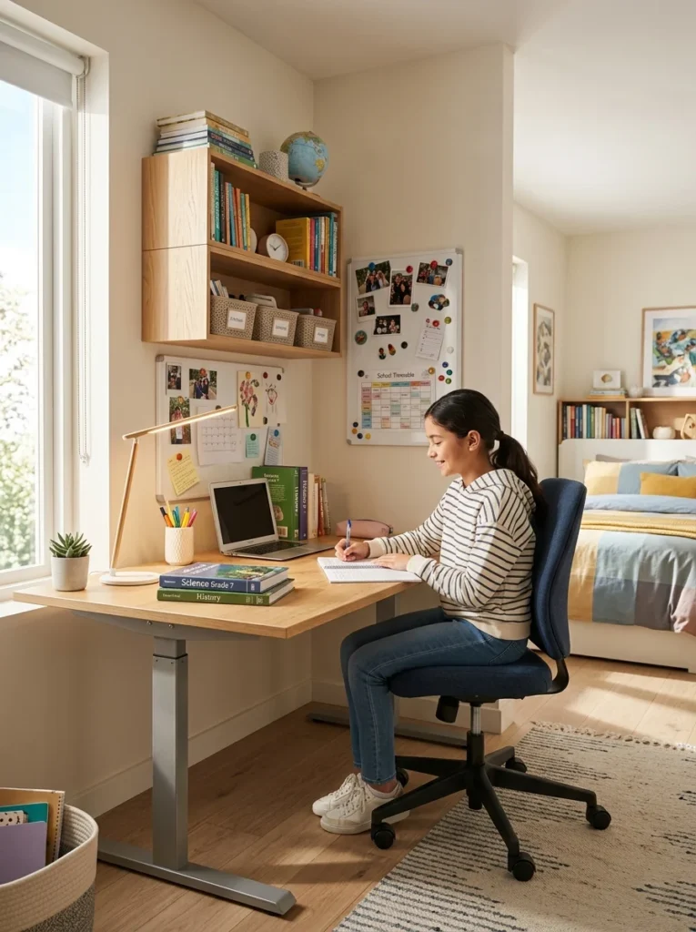 Dedicated kids room study zone with an adjustable desk and chair.