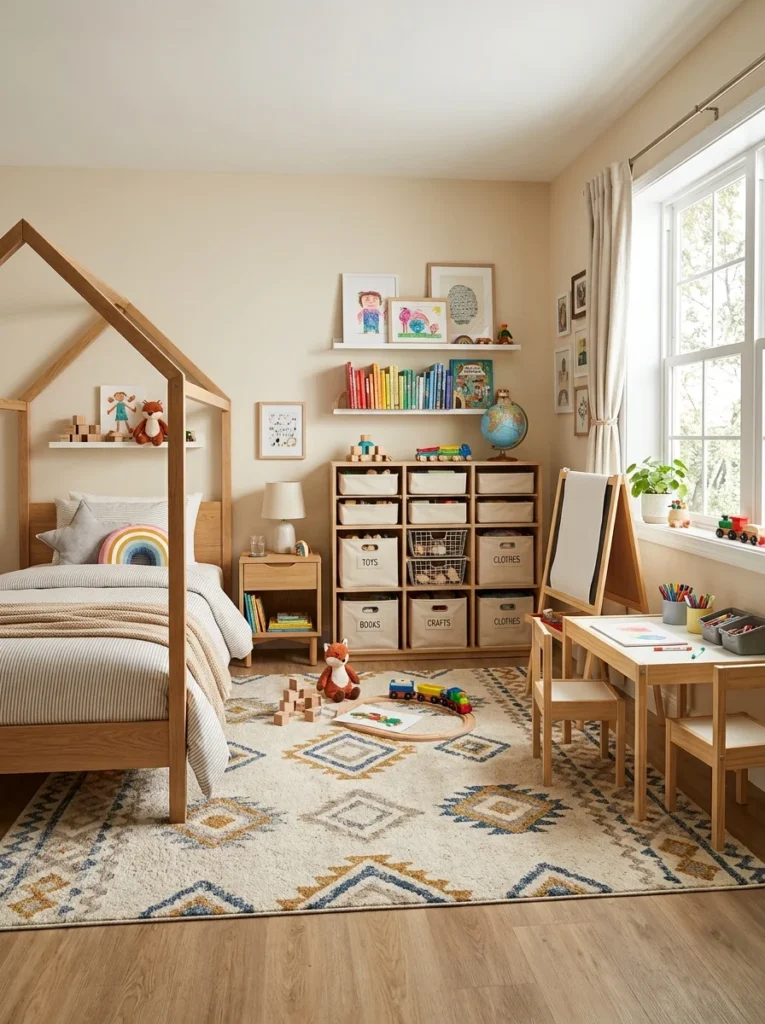 Durable flooring and washable rug in a practical kids bedroom.