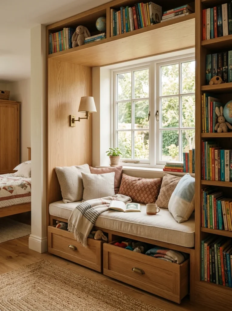 Cozy built-in reading nook with bookshelves in a kids bedroom.