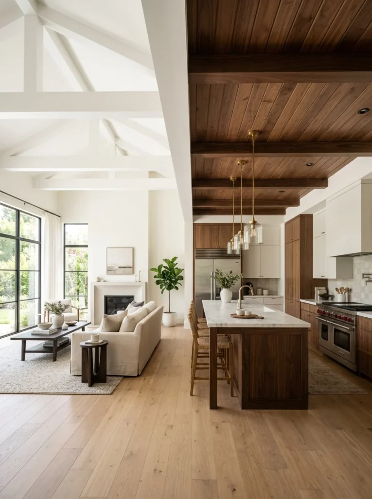 Narrow console table creating a gentle boundary between living room and kitchen zones.