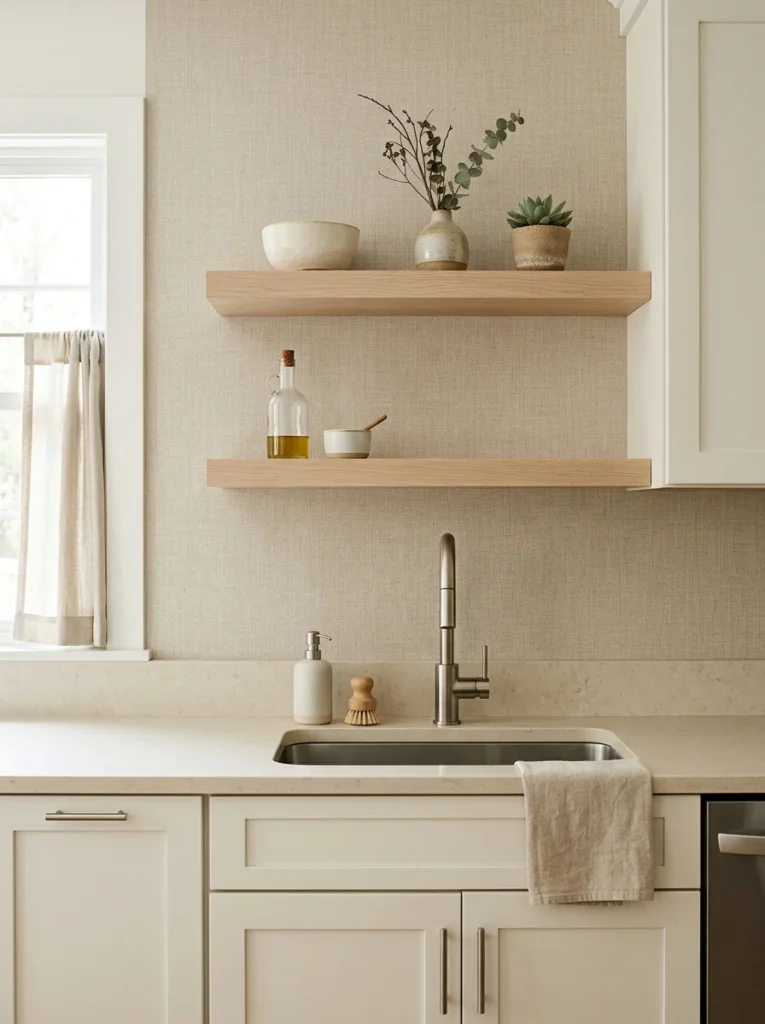 Neutral linen-textured peel and stick backsplash in a warm minimalist kitchen.