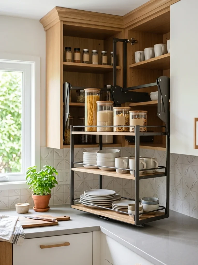 Pull-down shelving improving access to upper corner cabinets.