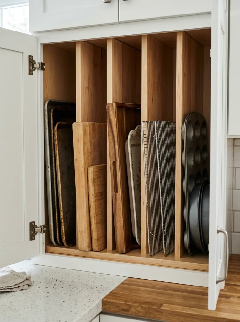 Vertical dividers organizing baking trays and cutting boards.
