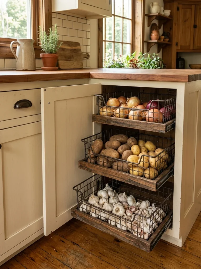 Pull-out wire baskets storing fresh produce.