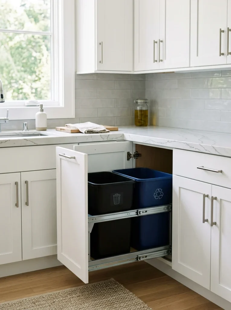 Hidden trash and recycling pull-out inside a corner cabinet.