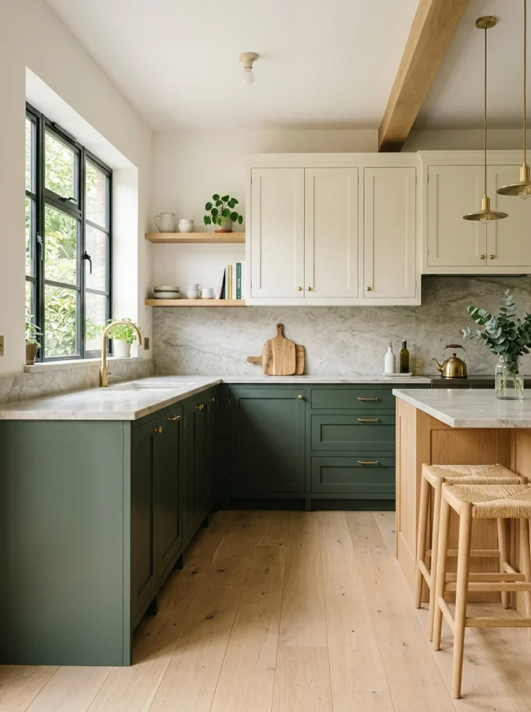 Two-tone kitchen with deep green lower cabinets and warm cream upper cabinetry.