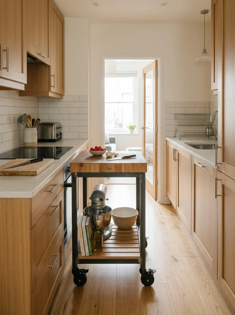 Narrow rolling kitchen cart adding prep space and storage to a small apartment kitchen.