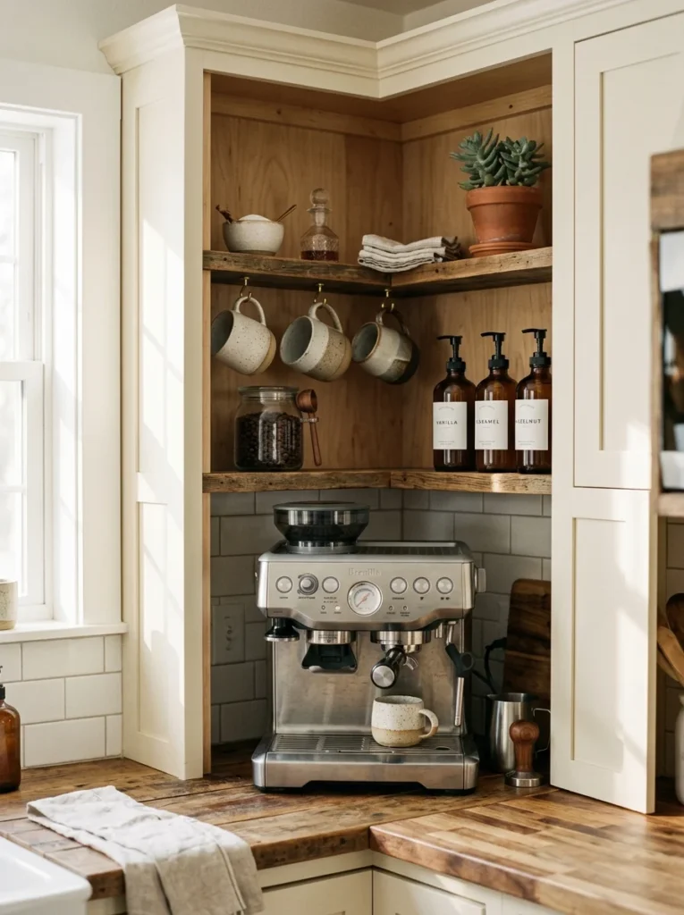 Organized kitchen coffee station inside a corner cabinet.