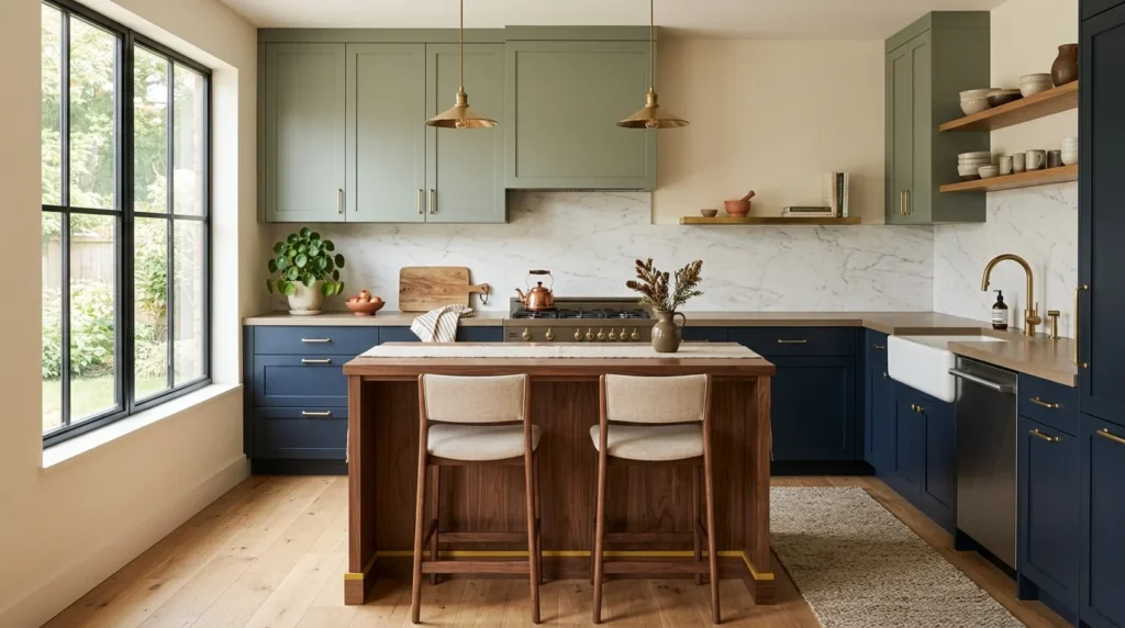 Stylish kitchen featuring warm cream, sage green, navy, terracotta, and natural wood color ideas.