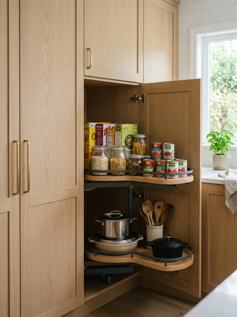 Kidney-shaped Lazy Susan maximizing corner cabinet storage.