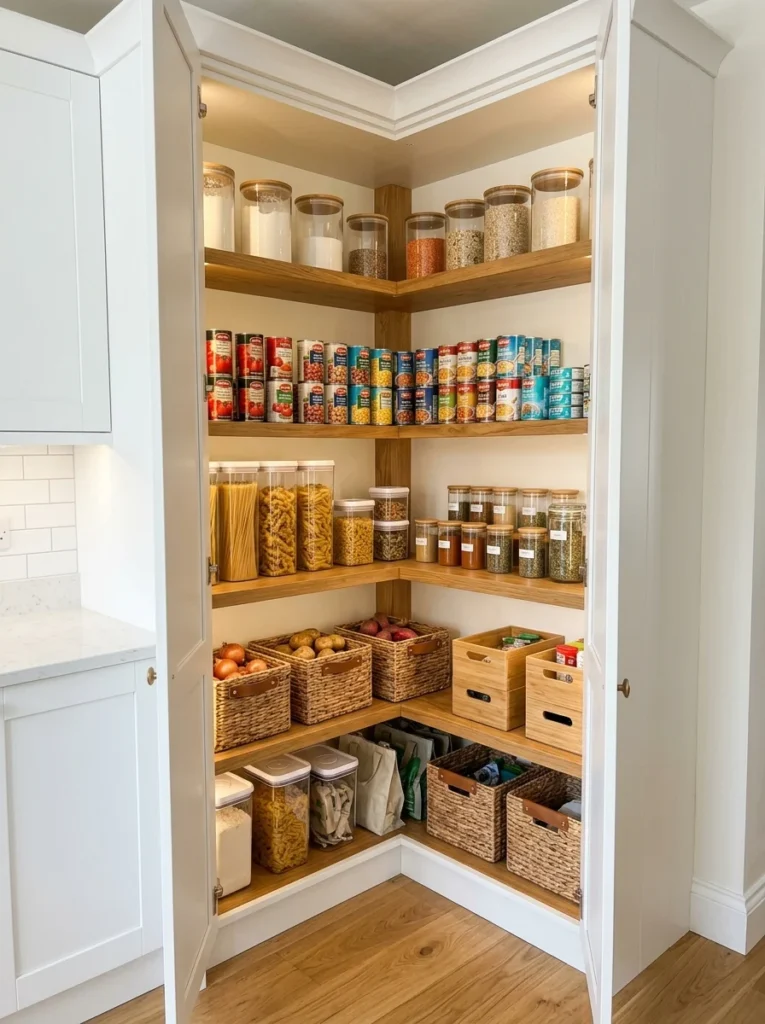 Corner pantry cabinet with adjustable shelving.