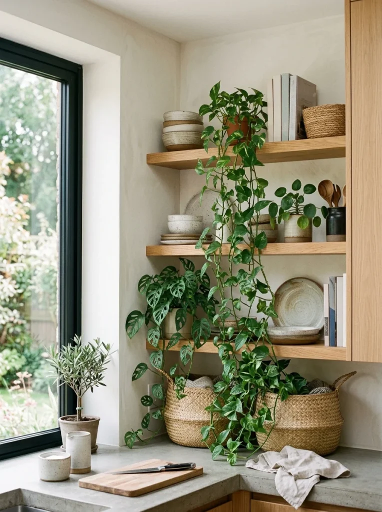 Open corner shelving displaying everyday kitchen essentials.