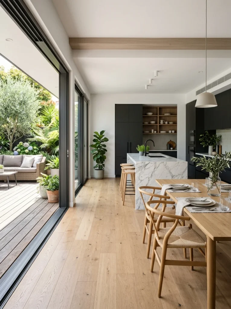Open kitchen connected to the garden with large sliding glass doors.