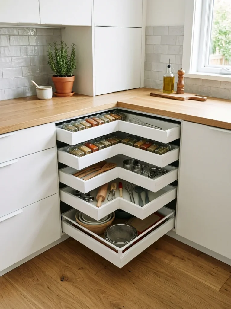 Corner drawer stack organizing kitchen essentials.
