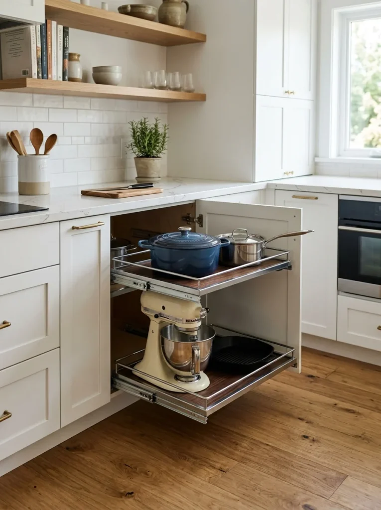 Pull-out corner drawers providing easy access to cookware.