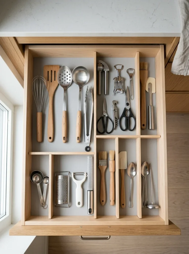 Scandinavian kitchen drawer organized with natural wood utensil dividers.