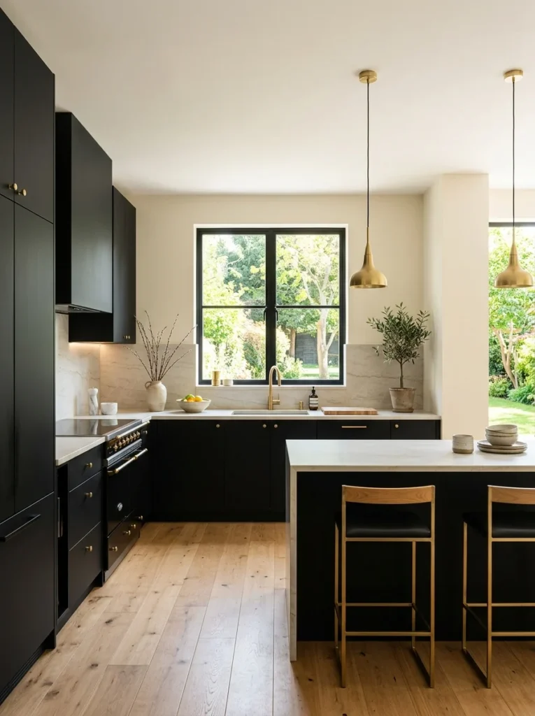 Muted olive green kitchen cabinets paired with walnut and warm neutral finishes.