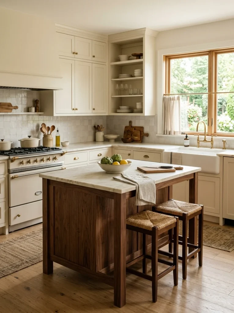 Timeless cream kitchen with natural wood, pale stone countertops, and brass hardware.
