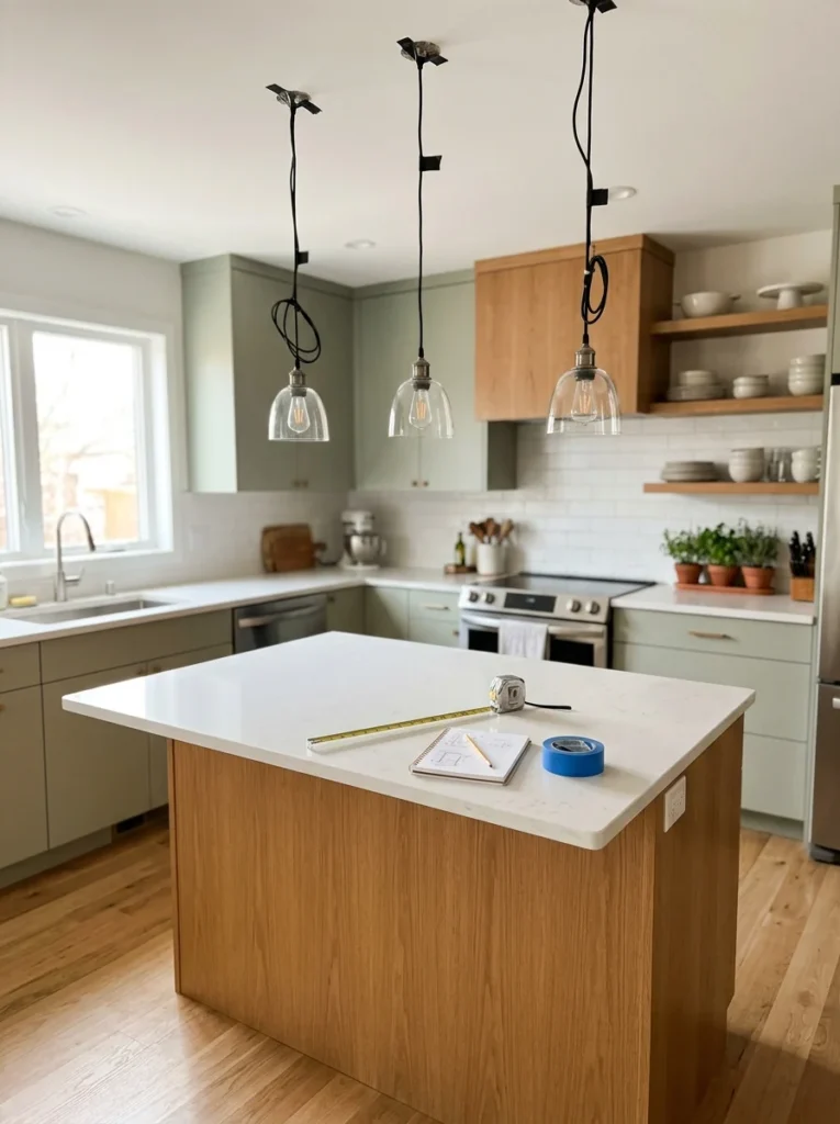 Temporary pendant lights used to test kitchen island height and spacing before a final purchase.