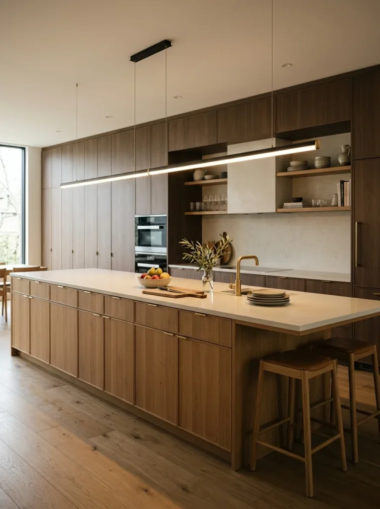 Kitchen pendant shade designed to reduce direct bulb glare above island seating.